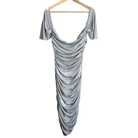Norma Kamali Dress Womens Large Walter Lamé Gunmetal Silver Sweetheart Neck Midi - Picture 5 of 8